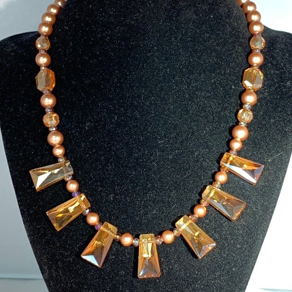 Gold Tone Faux Pearl, Iridescent Champagne Beaded Necklace (NA59) - Picture 1 of 5